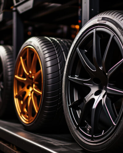 Car tires showcased inside an automobile workshop.